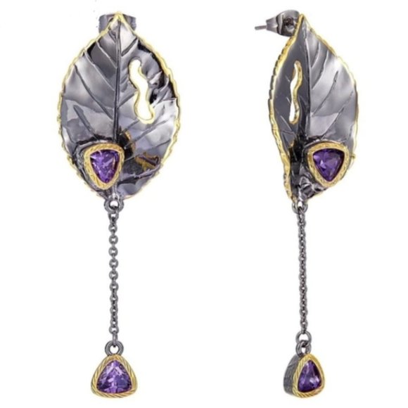 Italian Jewelry Black Gold Leave Earrings - Picture 12 of 14